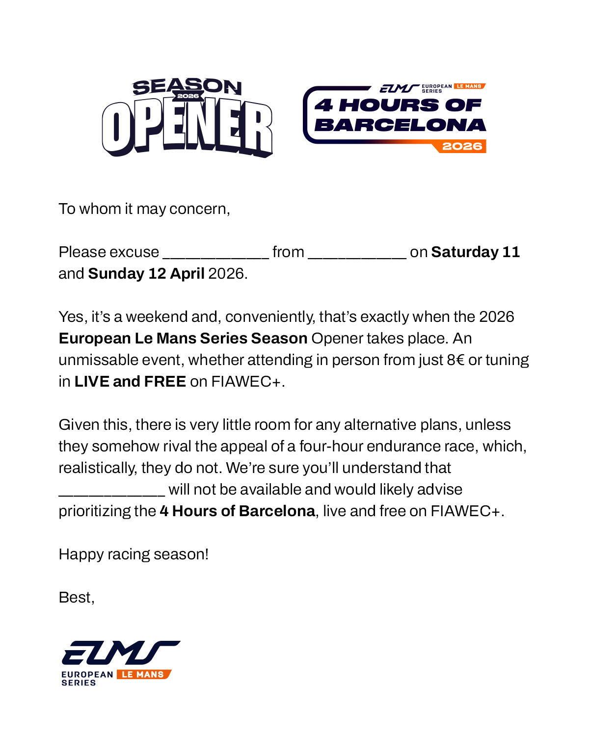 We’ve got the perfect excuse for your weekend, #ELMS fans. 🤝 Download or screenshot our official “ex